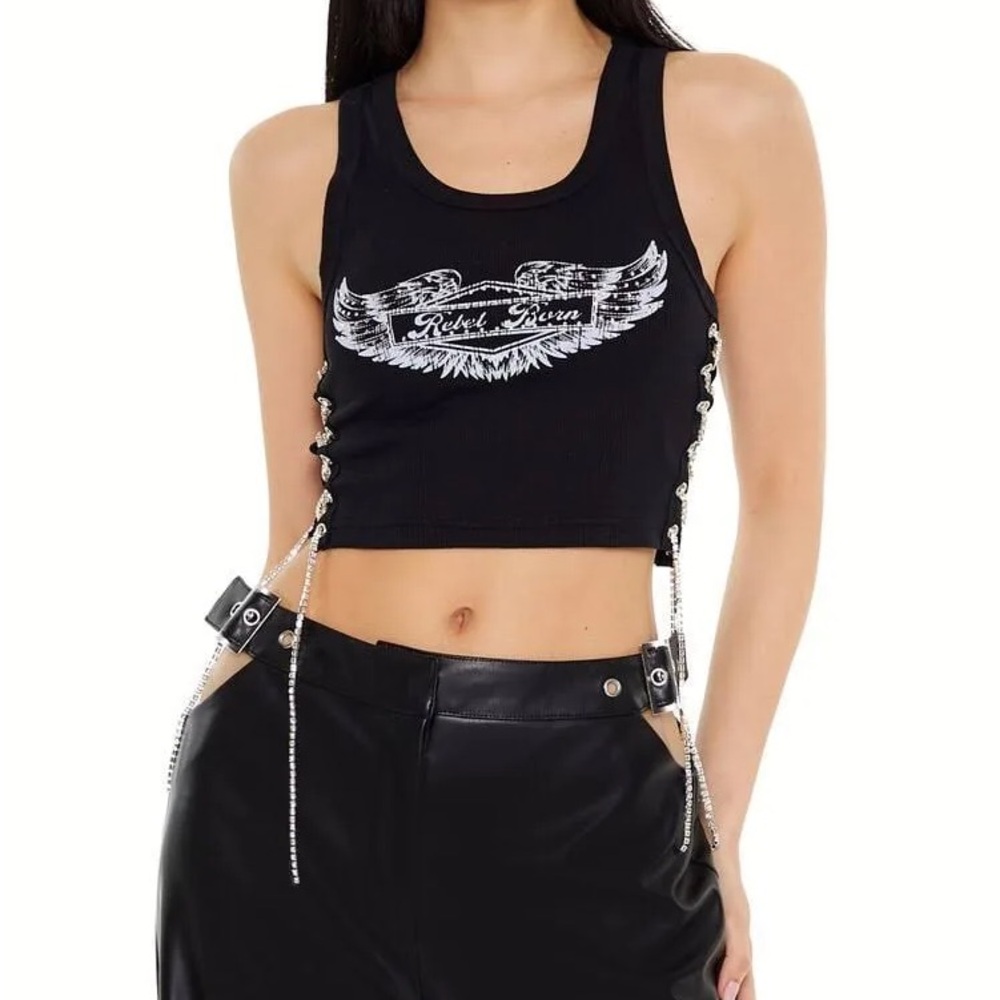 Black Graphic Rebel Born Beaded Rhinestone Lace-Up Tank Top
